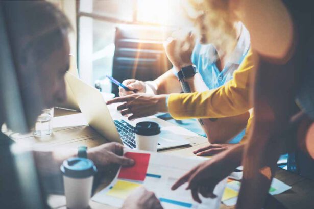 Young Group Coworkers Making Great Business Decisions.Marketing Team Discussion Corporate Work Concept Studio.New Startup Creative Idea Presentation Laptop.People Working Wood Table Documents.Blurred., Orlen